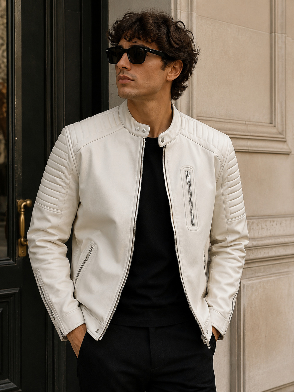 Zara Men's Cream Leather Moto Jacket